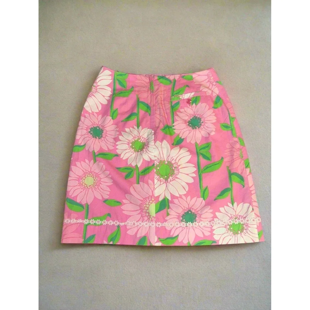 Lilly Pulitzer Pink Floral Sunflower‎ Mini Skirt Lace Trim A-Line Womens